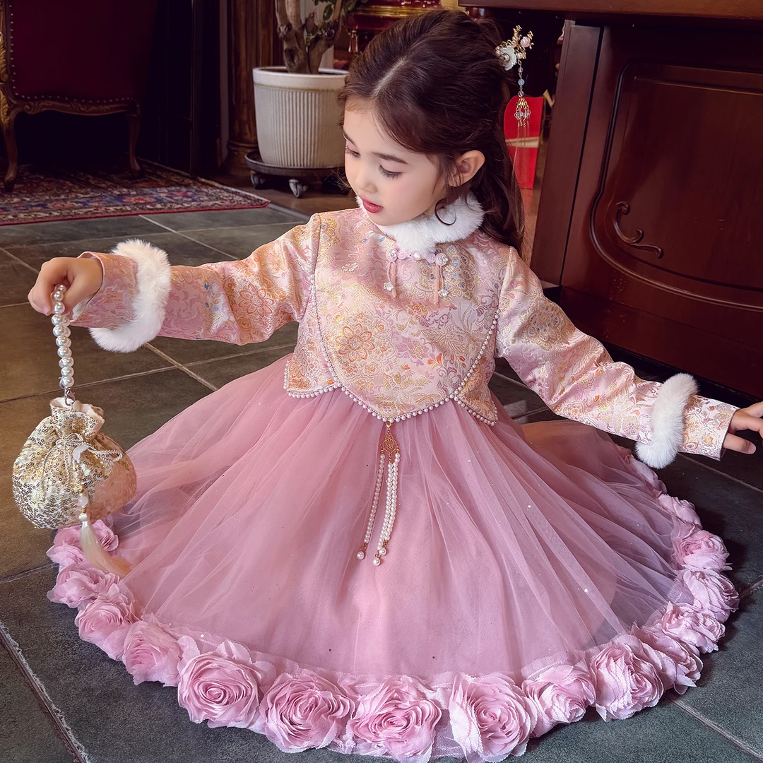 米米哈罗【粉黛玫瑰】女童加绒旗袍冬装拜年服连衣裙公主裙D250421