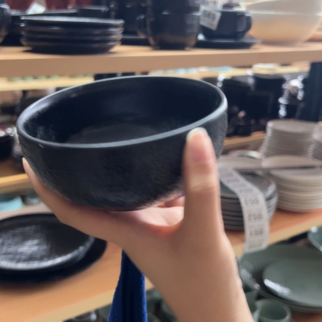 新骨瓷050微瑕哑光黑麻布纹5寸米饭碗