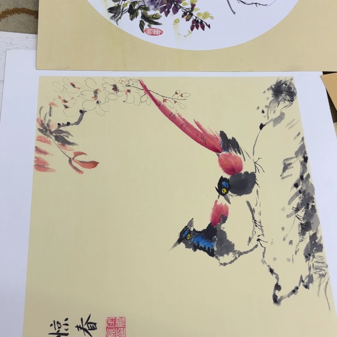 国画流*两张 卡纸斗方花鸟