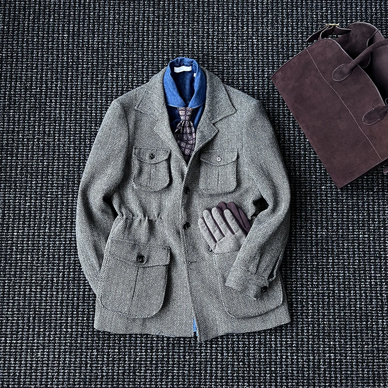 定制级 CssuGent冬季100%羊毛绅士复古人字纹收腰猎装夹克男外套