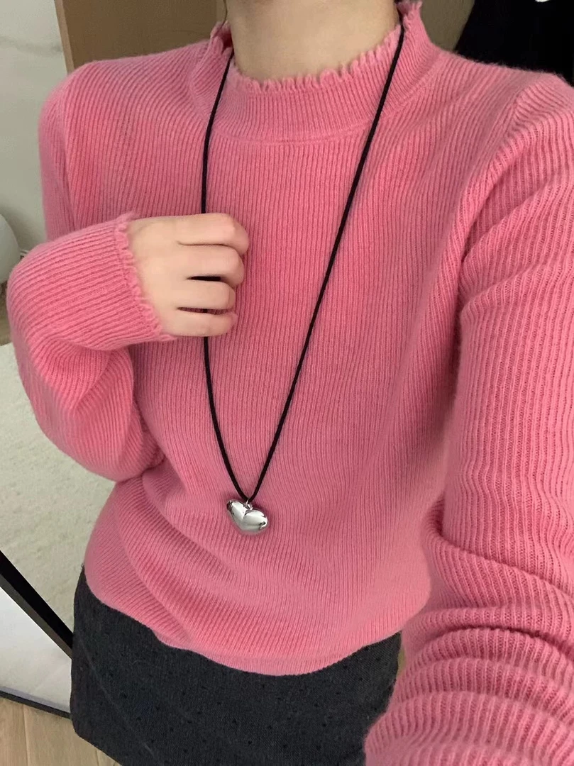 2024秋冬简约百搭细坑条流苏花边圆领羊毛针织衫女显瘦修身打底衫