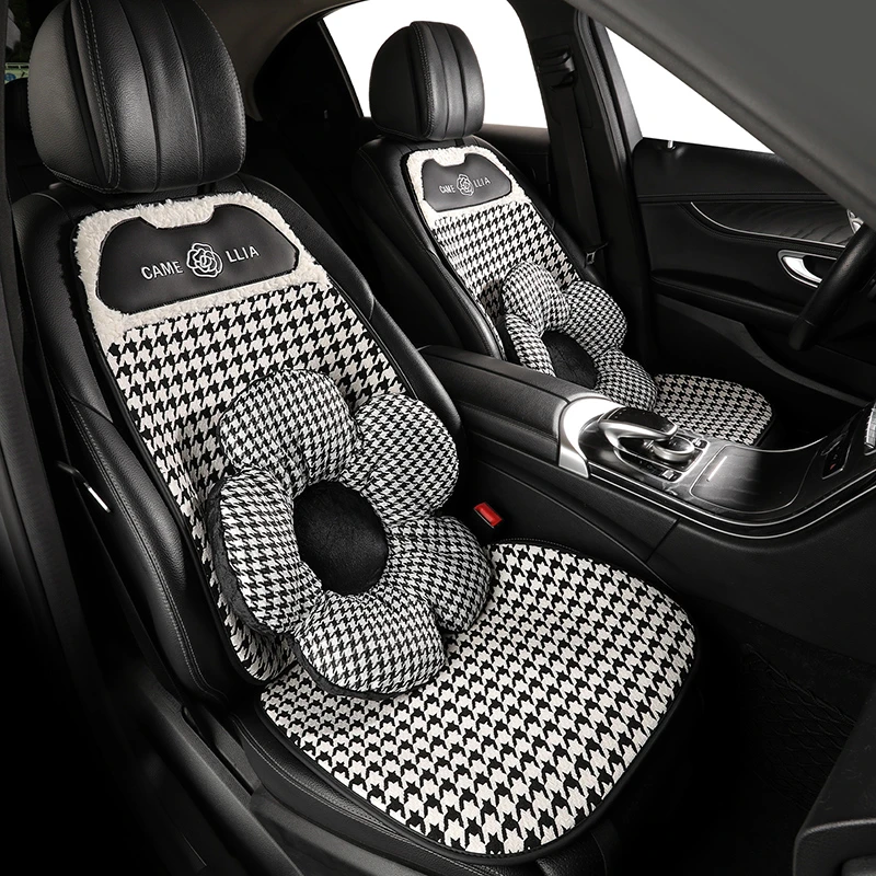 夏雷顿千鸟格汽车冬季坐垫毛绒保暖加绒加厚半包座椅套山茶花通用