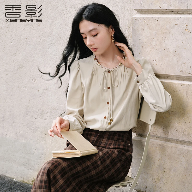 C85A461衬衫 香影法式白色衬衫女秋季新款系带长袖圆领优雅风通勤