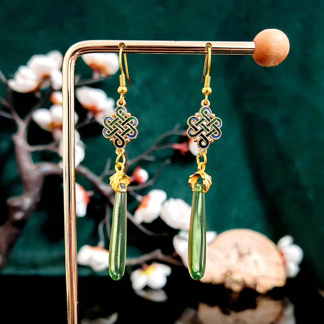 合金耳饰 多吉米结祥翠复古新中式绿色耳环耳夹配汉服旗袍