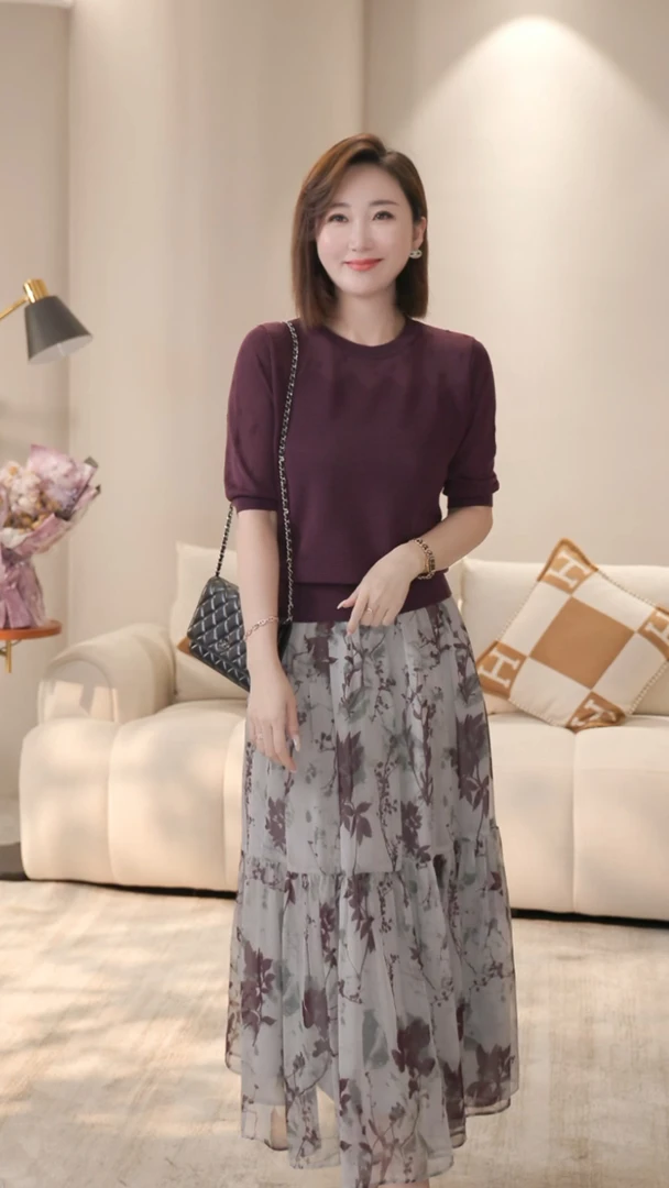 【双姐】薄款镂空提花圆领气质短袖针织衫上衣中年女妈妈装10501