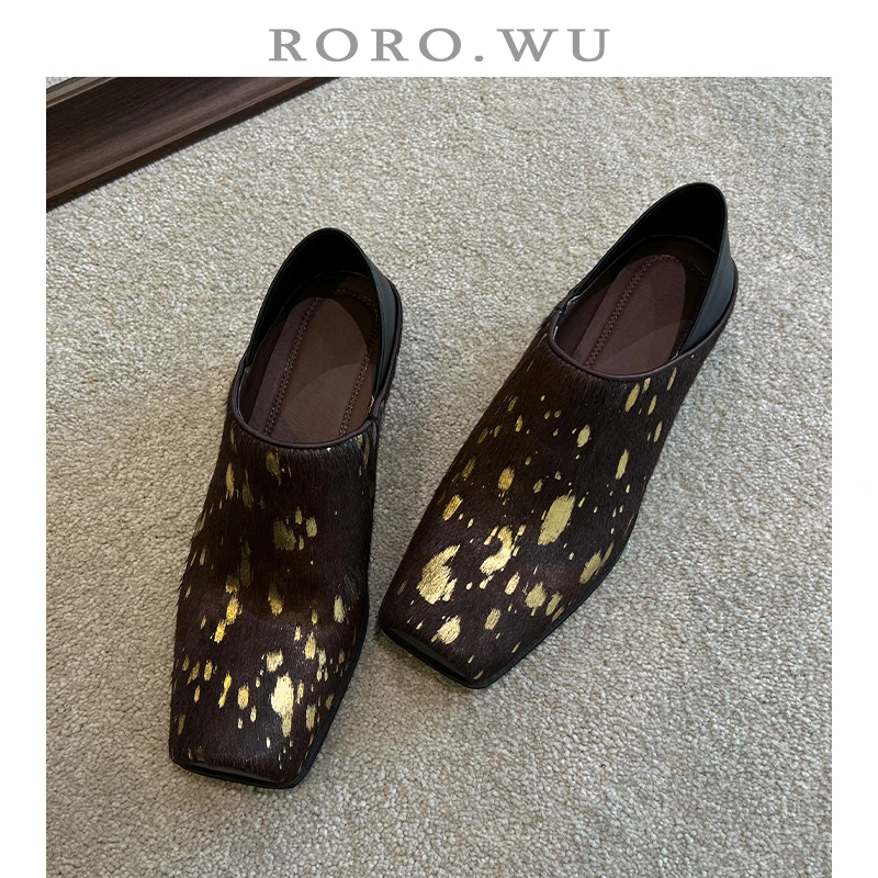 娆娆吴·马毛复古舒适斑点冬季新款百搭时尚粗跟方头单鞋女R02