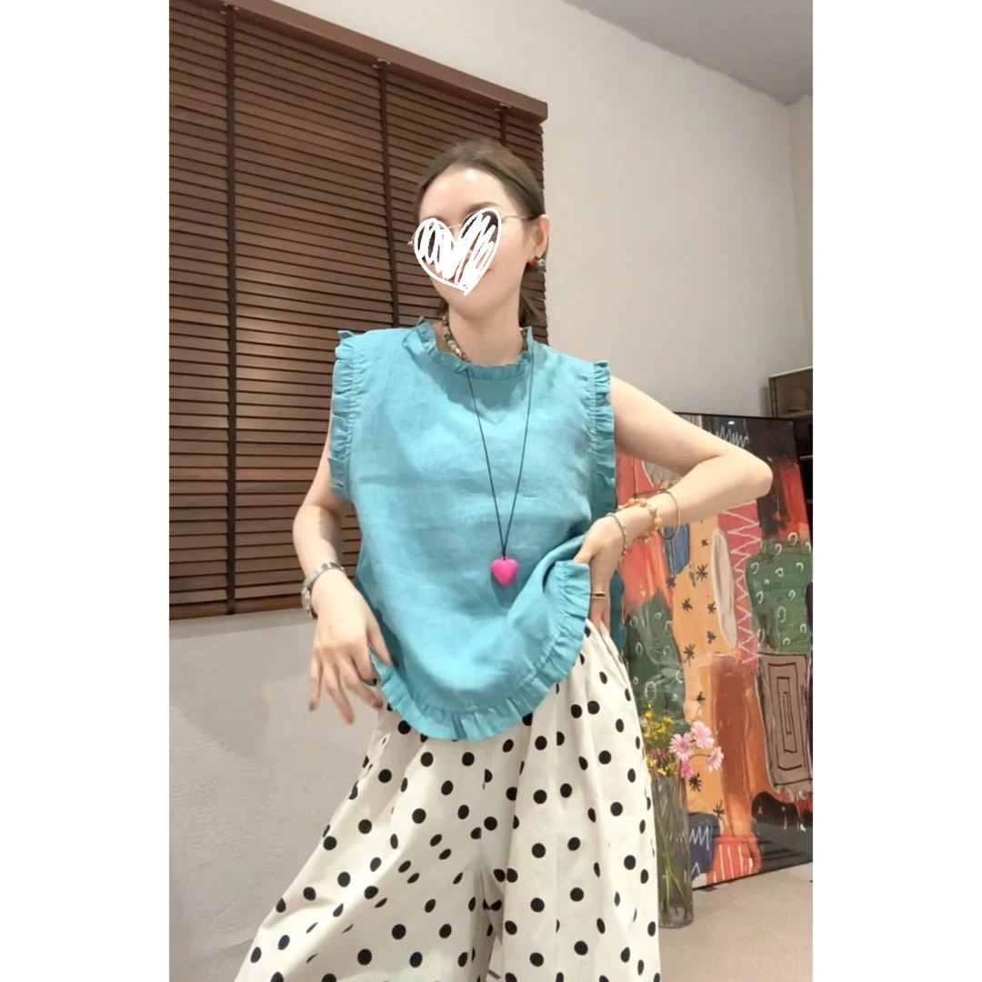 木耳边设计后背开扣无袖背心/显瘦减龄百搭