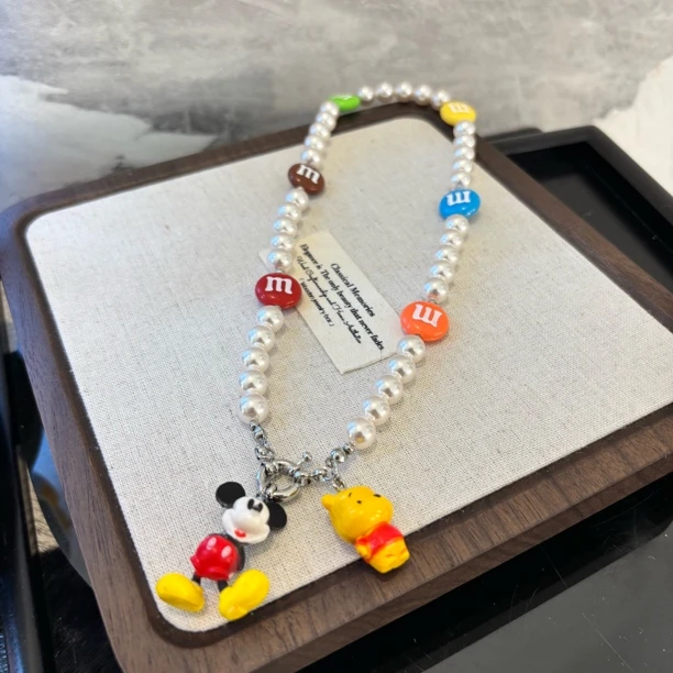 铜合金仿珍珠项链 m字母米奇小熊项链XL2457