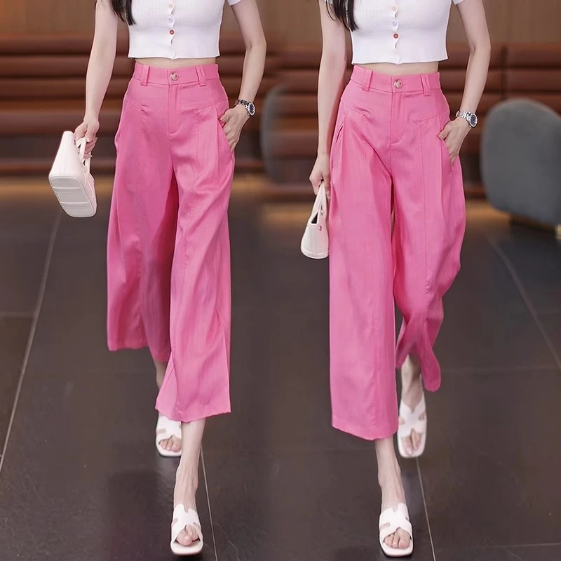 玫红色天丝亚麻风琴阔腿裤女2025夏季新款薄款透气八九分休闲裤子