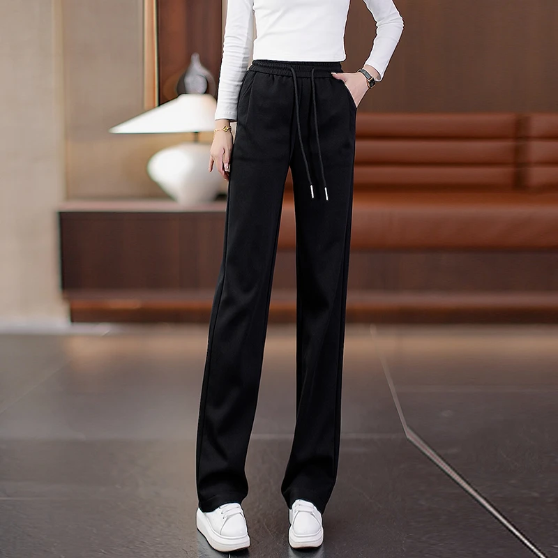 窄版阔腿裤女2025春季新款松紧高腰宽松显瘦垂感小个子休闲直筒裤