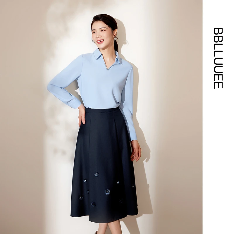 【手工钉珠】BBLLUUEE/粉蓝衣橱2025秋装新款百搭精致职场衬衫女