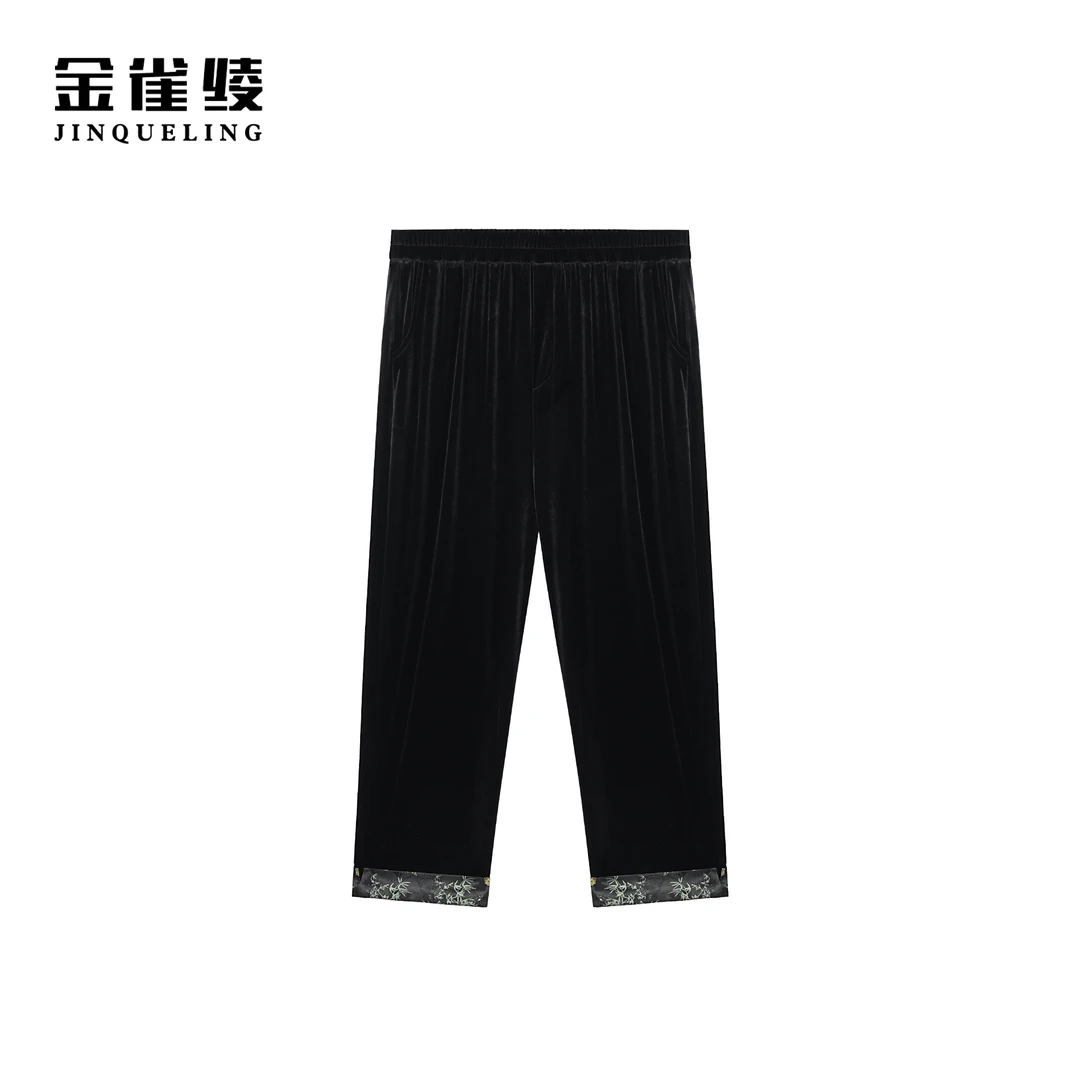 金雀绫【竹叶裤】设计师刺绣款醋酸弹力丝绒九分休闲裤SZ1K42
