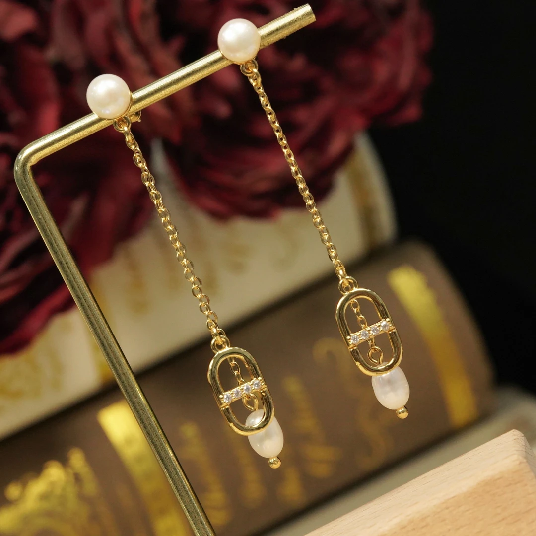 铜合金耳饰 耳钉 长款流苏猪鼻子珠珠百搭 8484