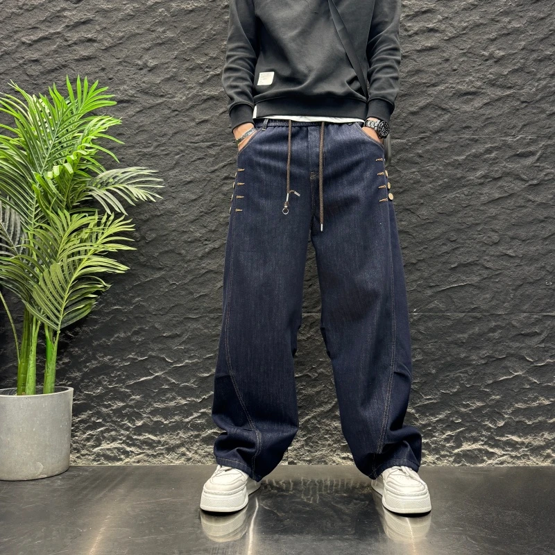 2025秋冬新款宽松潮排扣设计感加绒美式牛仔裤男款百搭痞帅直筒裤