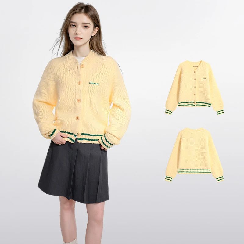 时尚百搭春秋秋冬小香风复古撞色宽松休闲女装开衫针织衫毛衣上衣