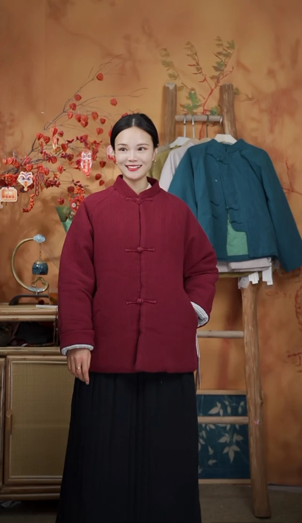 七初的布衣 新款一百色织亚麻对襟三盘棉服