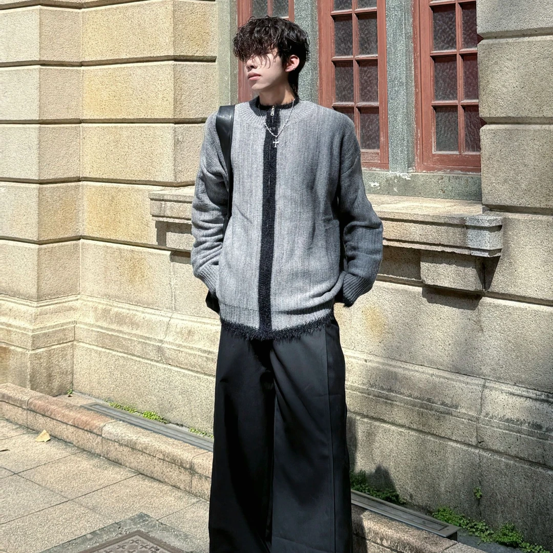 行星世界 美式复古拼色翻领针织开衫毛衣男女慵懒洋气显瘦上衣