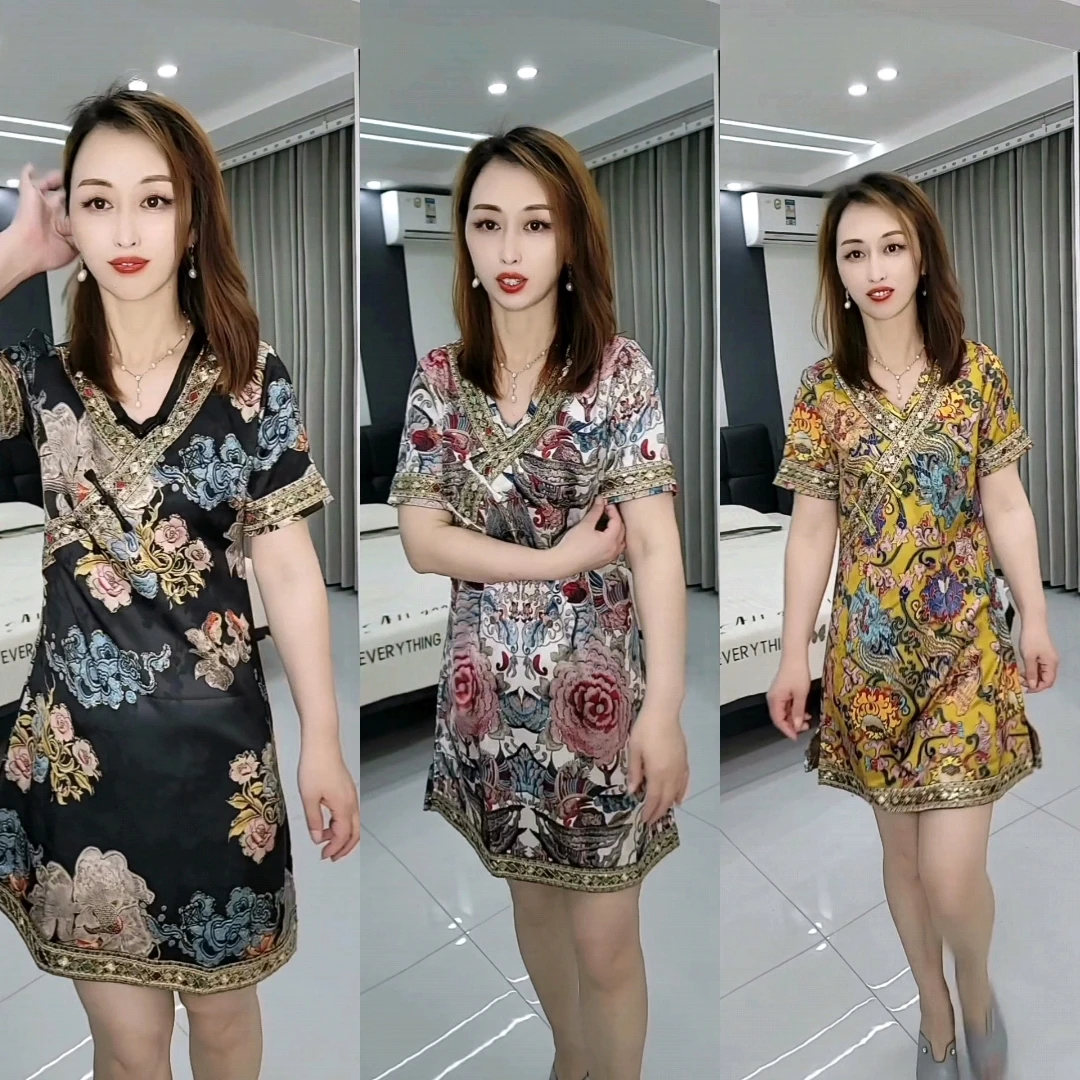 2025夏季新款复古国潮风时尚显瘦中长款印花盘扣旗袍连衣裙洋气