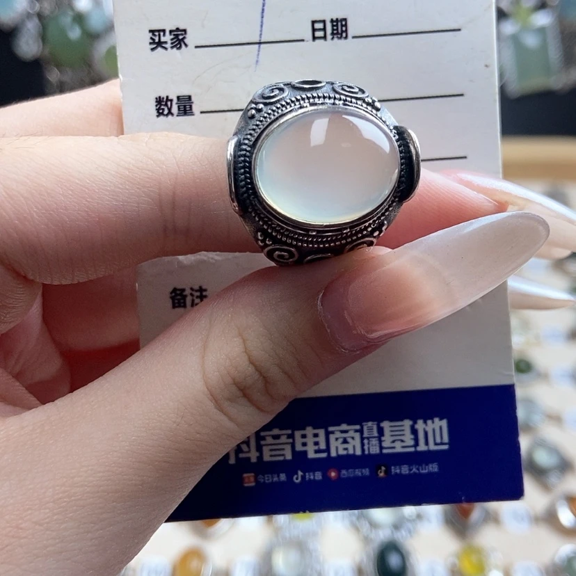 【闪购商品】岫玉戒指银S925镶嵌亮**-开口