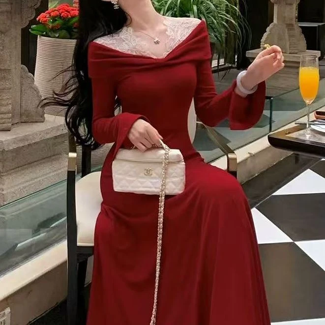 丁满满推荐圣诞之夜·步步生莲加厚蕾丝一字肩千金长裙9315