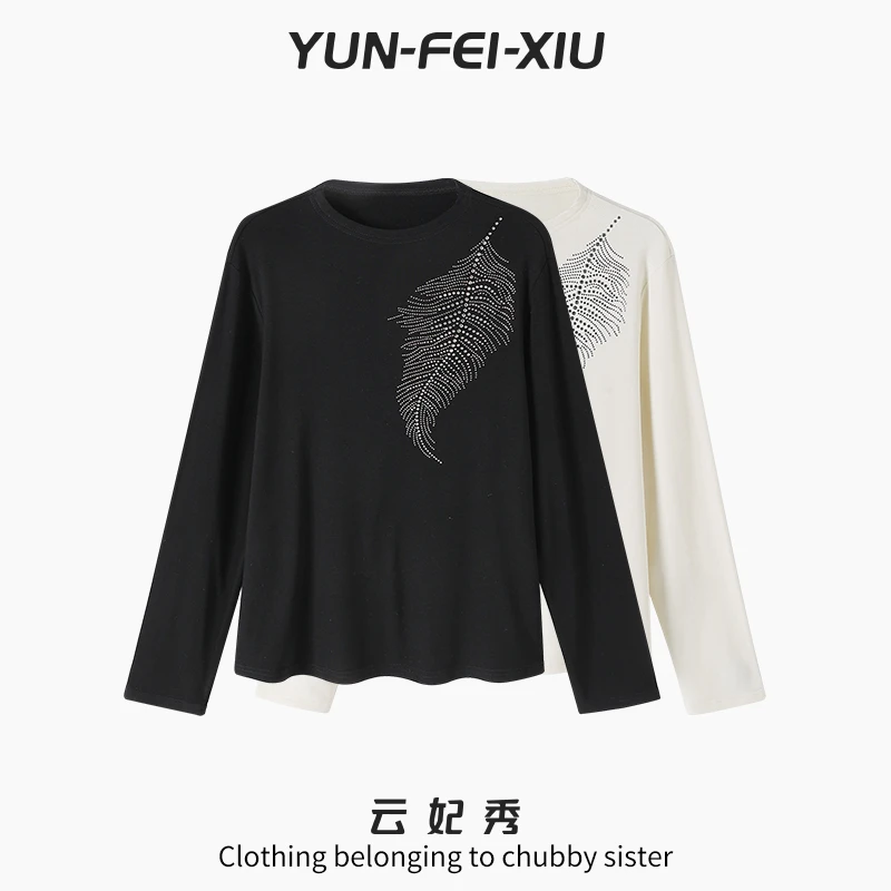 云妃秀大码女装T恤圆领羽毛烫钻时尚休闲宽松显瘦胖妹妹冬季7232
