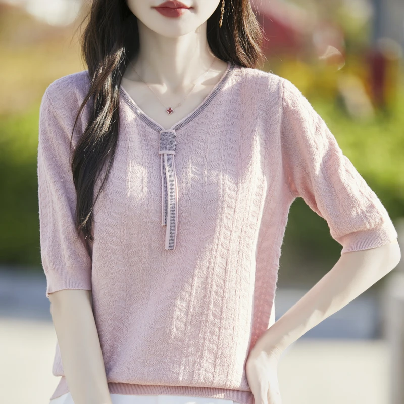 品牌夏季女夏季短袖薄款宽松显瘦毛针织衫时尚针织衫百搭上衣