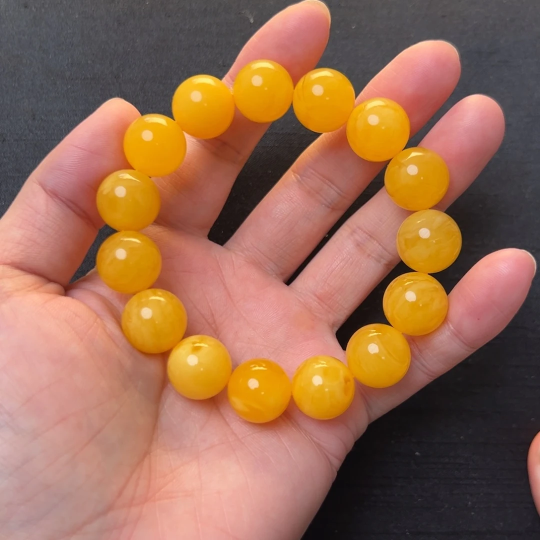 琥珀未镶嵌裸石焦皮橘红浓蜡圆珠手串14mm