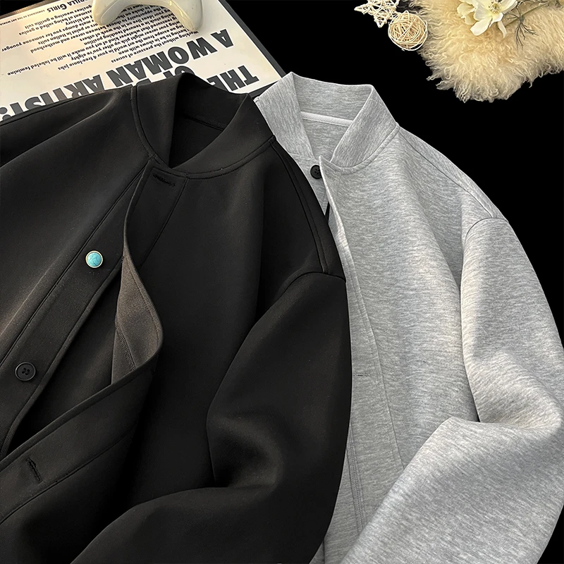 春季美式潮牌绿松石纽扣立领夹克外套情侣同款休闲百搭纯色棒球服