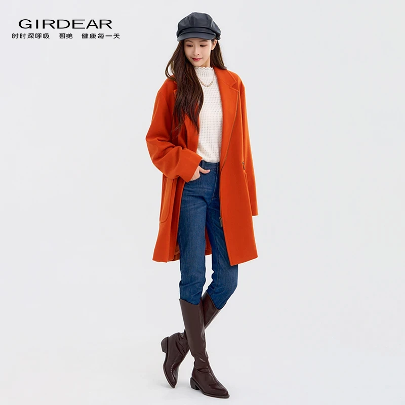 GIRDEAR/哥弟秋冬新款时尚宽松气质毛呢西装领中长款外套女140063
