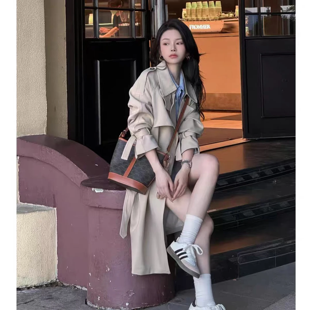 【Rui】1092显瘦显高双排扣英伦风时髦翻领风衣外套春季新款