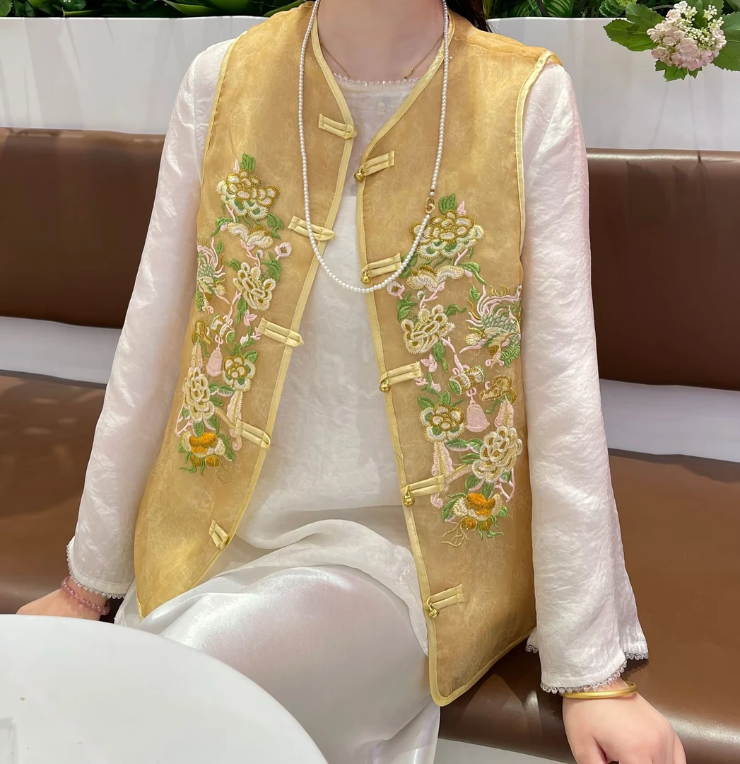 新中式中国风夏款重工马夹时尚马甲宽松刺绣欧根纱气质百搭上衣女
