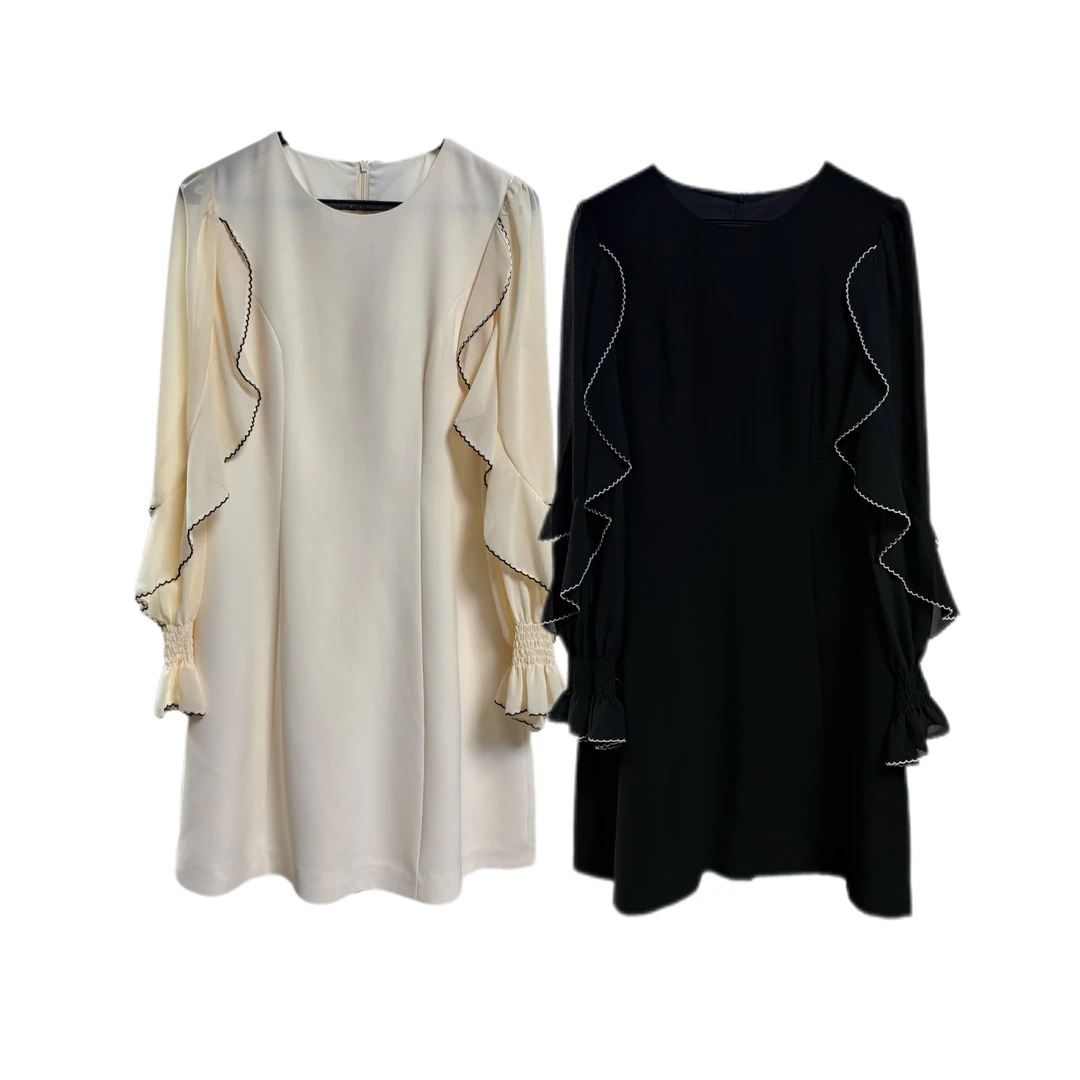 荷叶边宽松长袖法式两色连衣裙