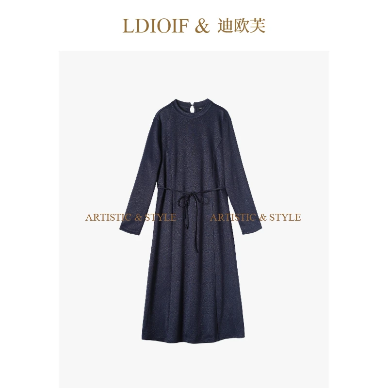 2025年女藏蓝色银丝针织长袖圆领轻奢秋季连衣裙#QLQ18856