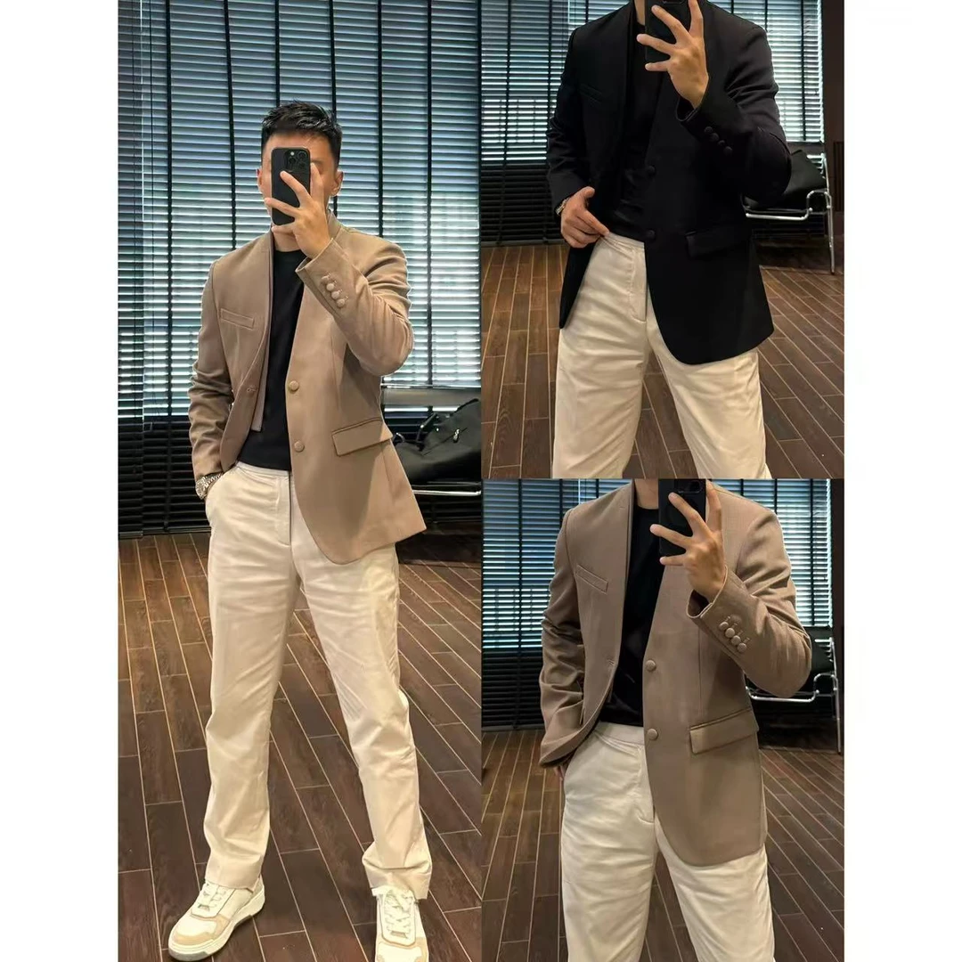 【杰/无领西装/假两件】秋季绵羊毛休闲时尚双开叉无领西服+35967