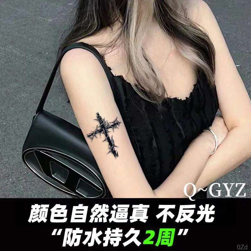 十字荆棘欧美纹身贴十字架果汁草本半永久纹身贴防水逼真持久贴画