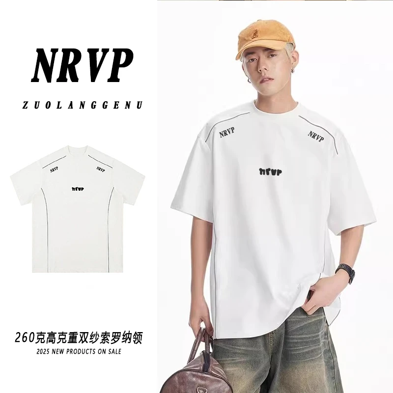 品质美式小众字母印花纯棉短袖t恤男休闲风夏季撞色拼接个性上衣