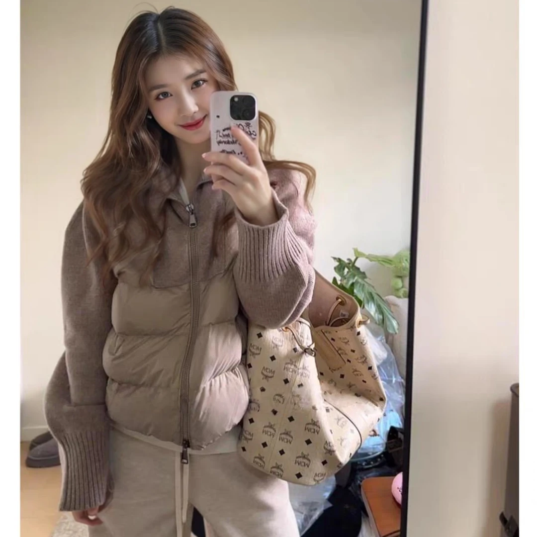 设计感针织拼接排骨棉服氛围感保暖立领棉衣休闲韩系冬季短外套女