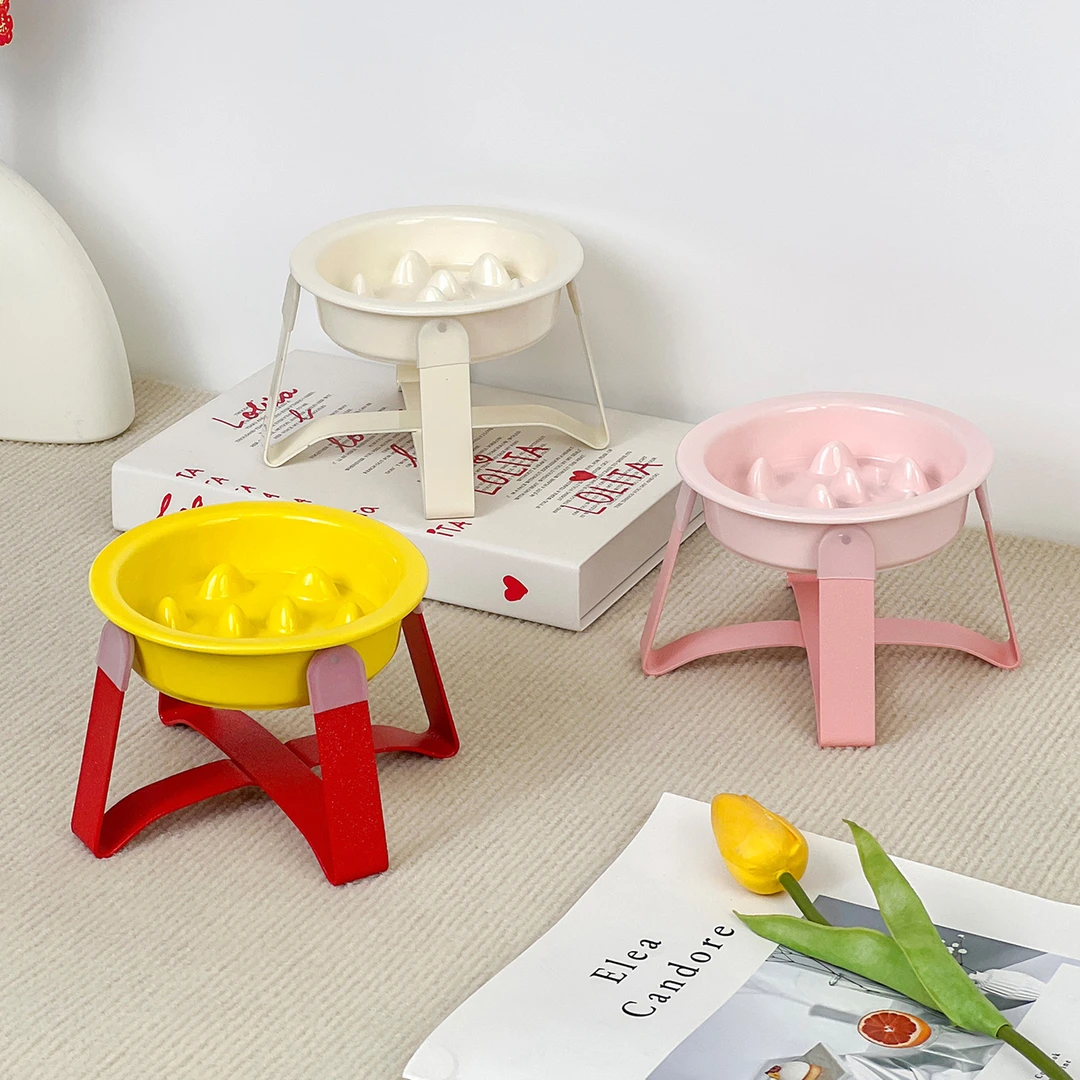 奶油风护边宠物碗带碗架陶瓷宠物碗猫碗狗碗防噎缓食碗防打翻水碗