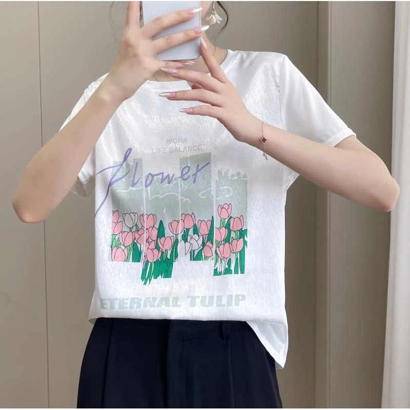 1445夏丝滑缎面冰凉感女半袖T恤洋气AB拼接短袖