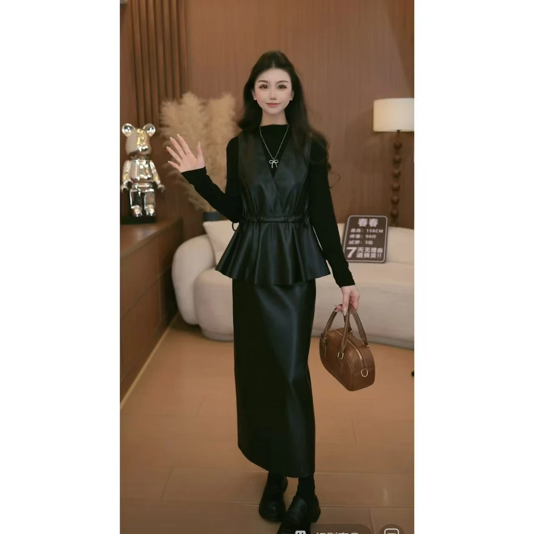 美式复古街头皮时尚套装女v领抽绳背心半身长裙套装