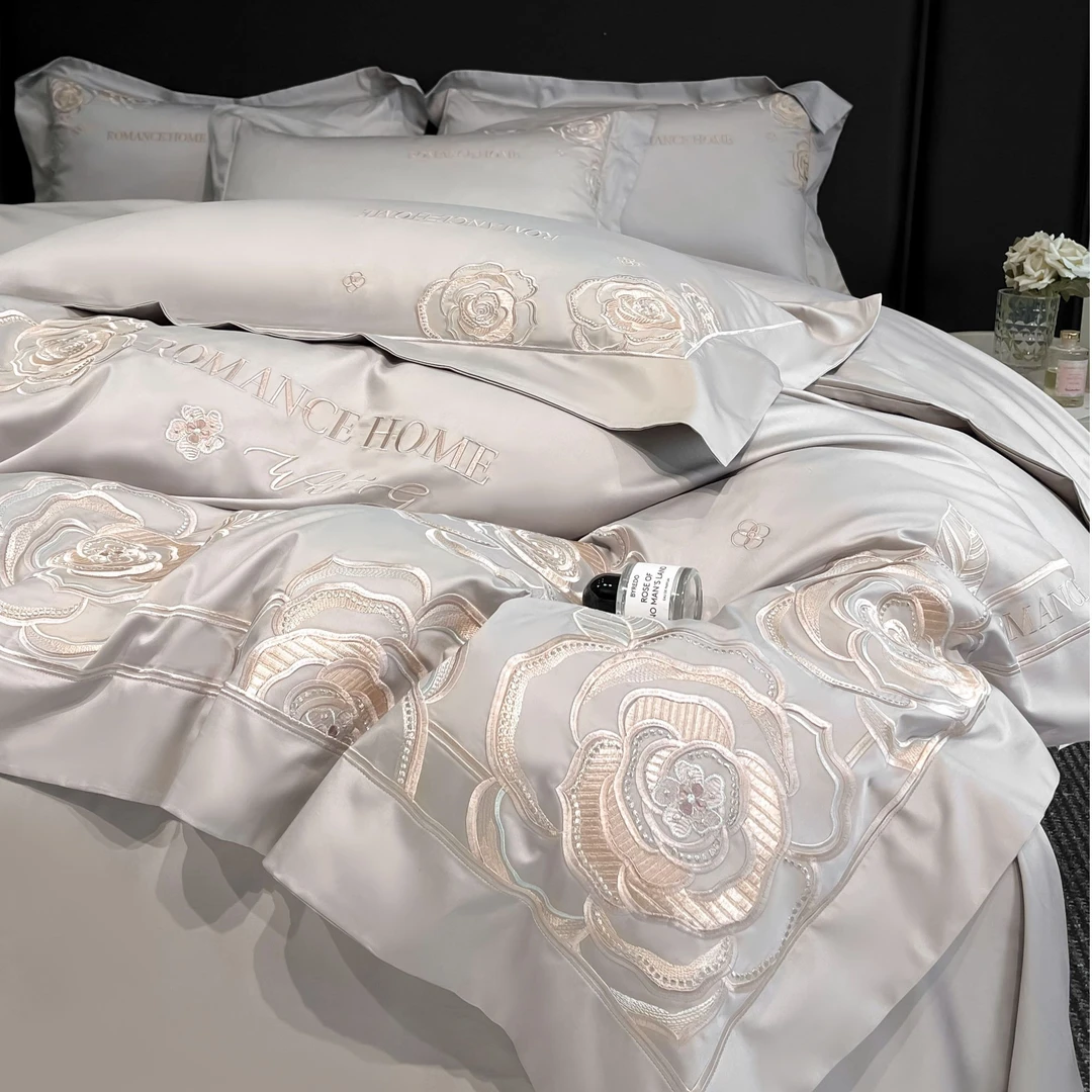 水星高档A类200支全棉四件套纯色刺绣轻奢欧式纯棉床笠款简约被套