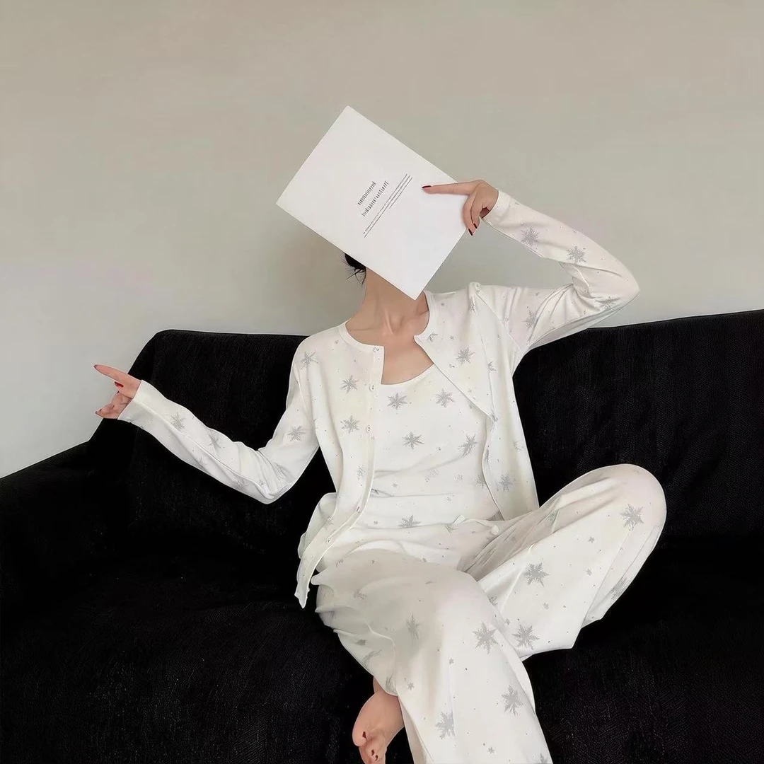 【京东雪花-三件套】 新款可外穿带胸垫睡衣居家服三件套