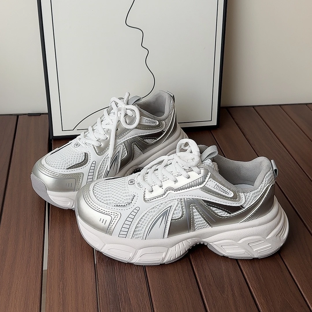 银色老爹鞋女款2025新款春季学生复古百搭厚底休闲女鞋运动鞋