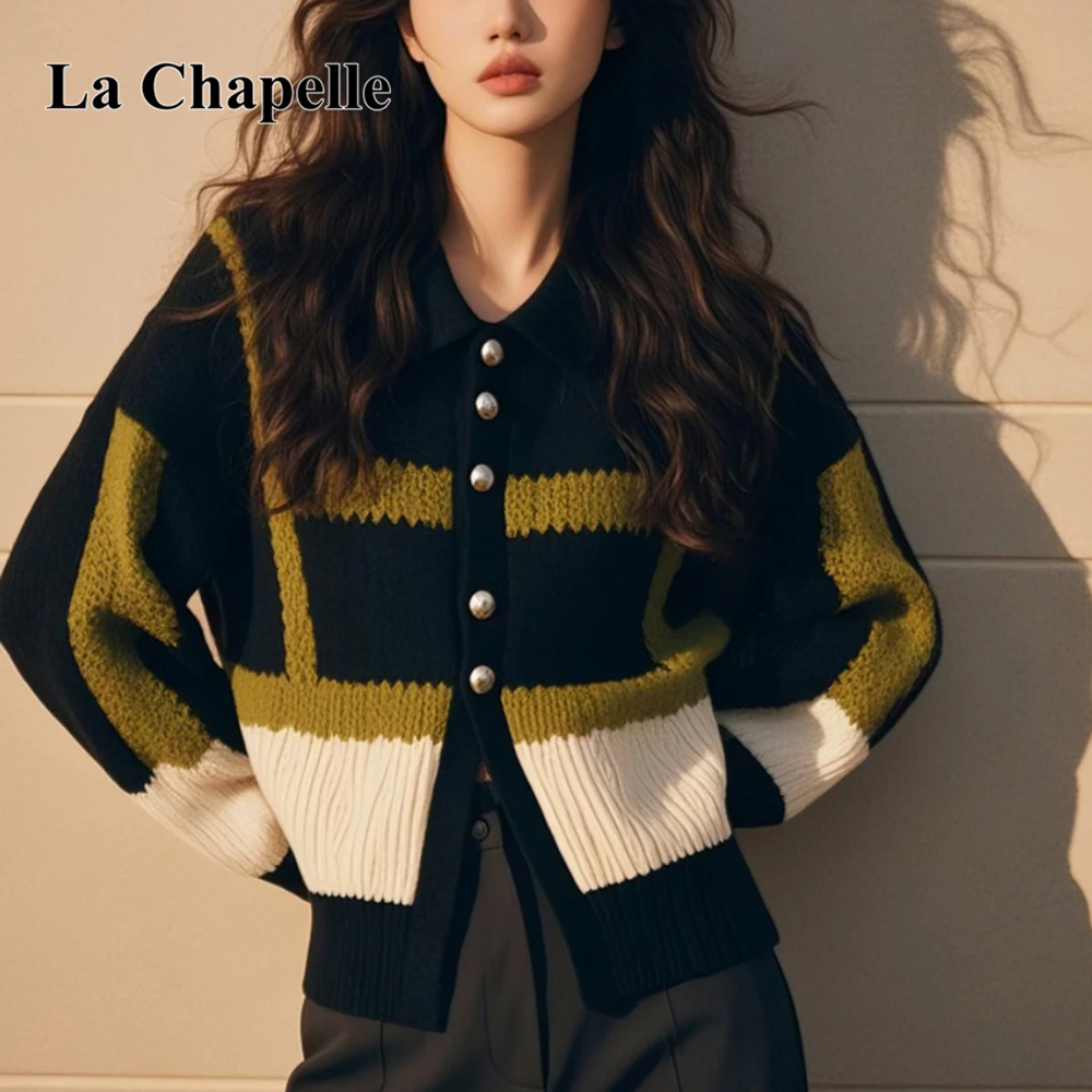 拉夏贝尔复古撞色毛衣女2025秋冬新款设计感翻领长袖针织开衫上衣