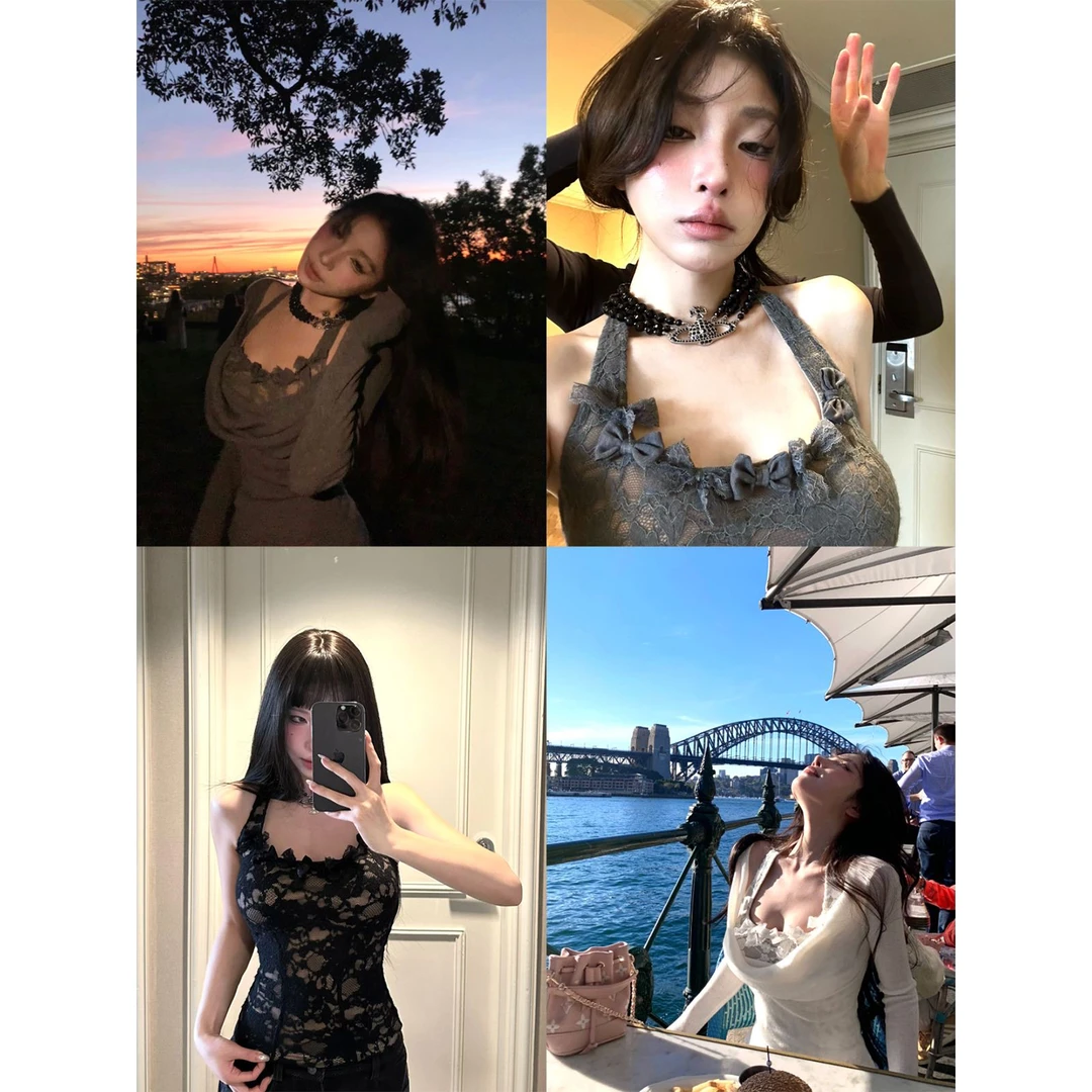 FuunJ 攻心黑马 设计感收腰荡领打底衫套装女挂脖蕾丝吊带两件套