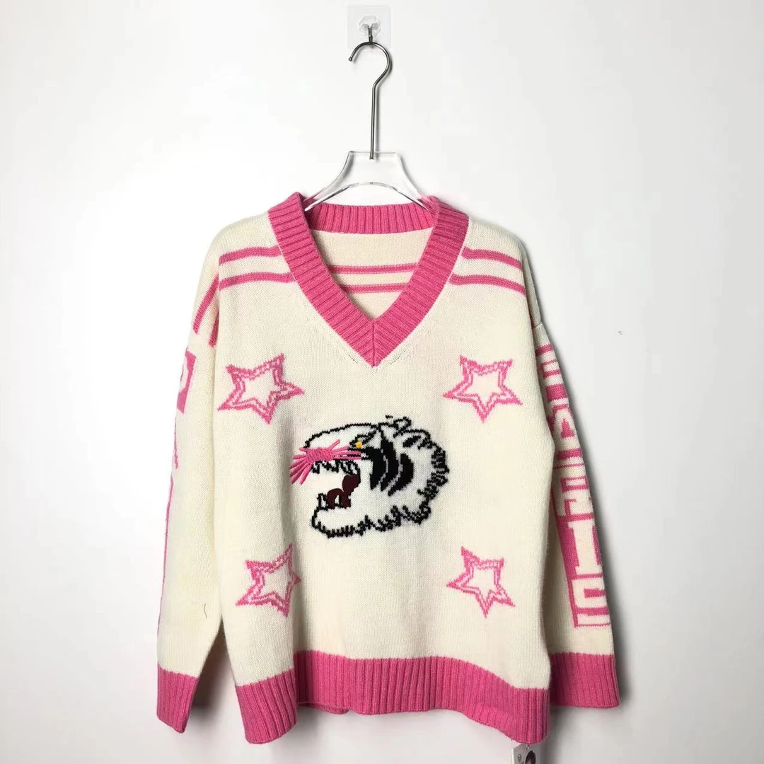 ML9130【专柜撤货】高级V领粉色字母星星图案毛衣