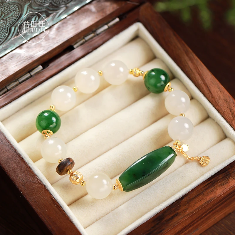 【曲水手串】天然和田玉藕粉加碧玉单圈手串设计感桶珠碧玉大颗