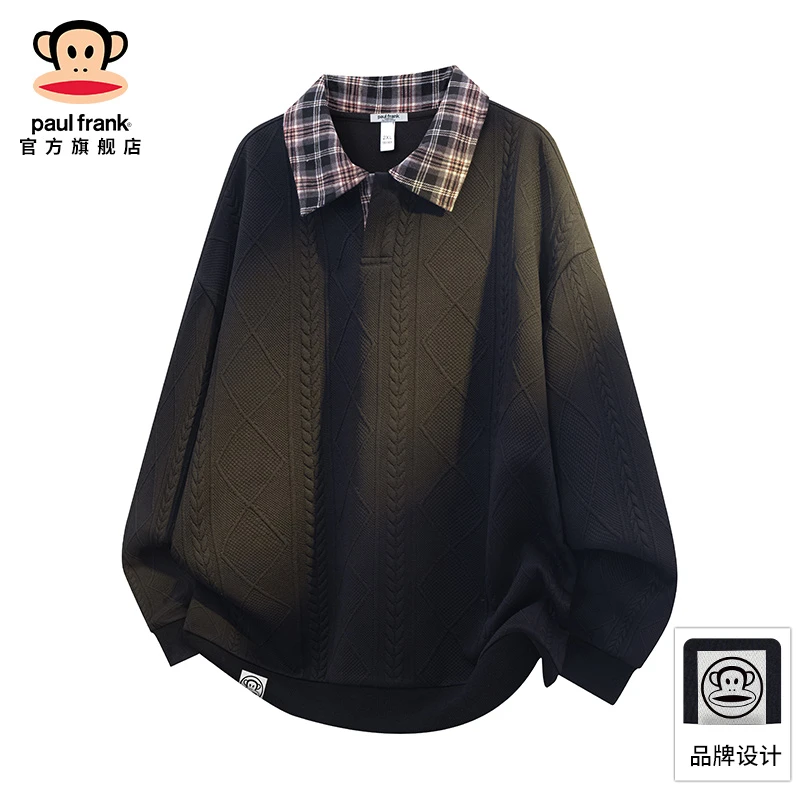 paul frank/大嘴猴秋冬新款设计感格子翻领卫衣男复古休闲套头衫