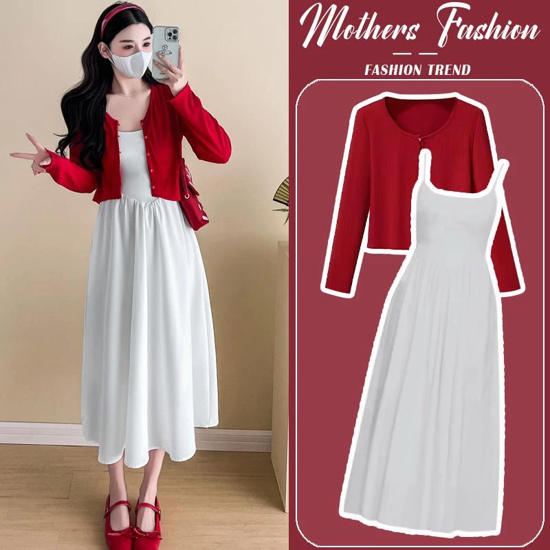 时髦孕妇装韩版显瘦孕妇连衣裙春秋2025新款宽松针织开衫两件套