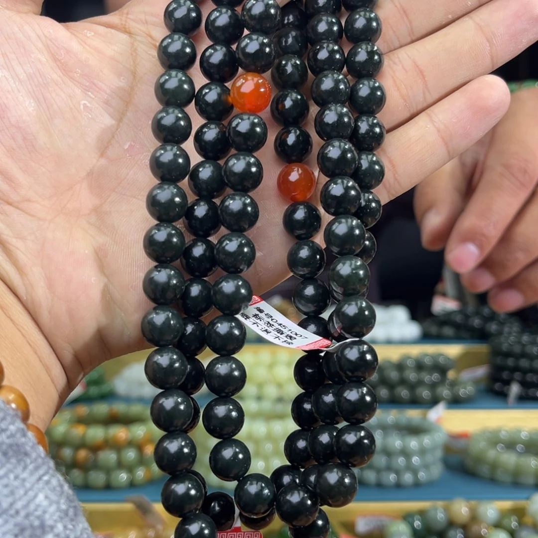和田玉手串未镶嵌纯天然和田玉新疆黑油青10